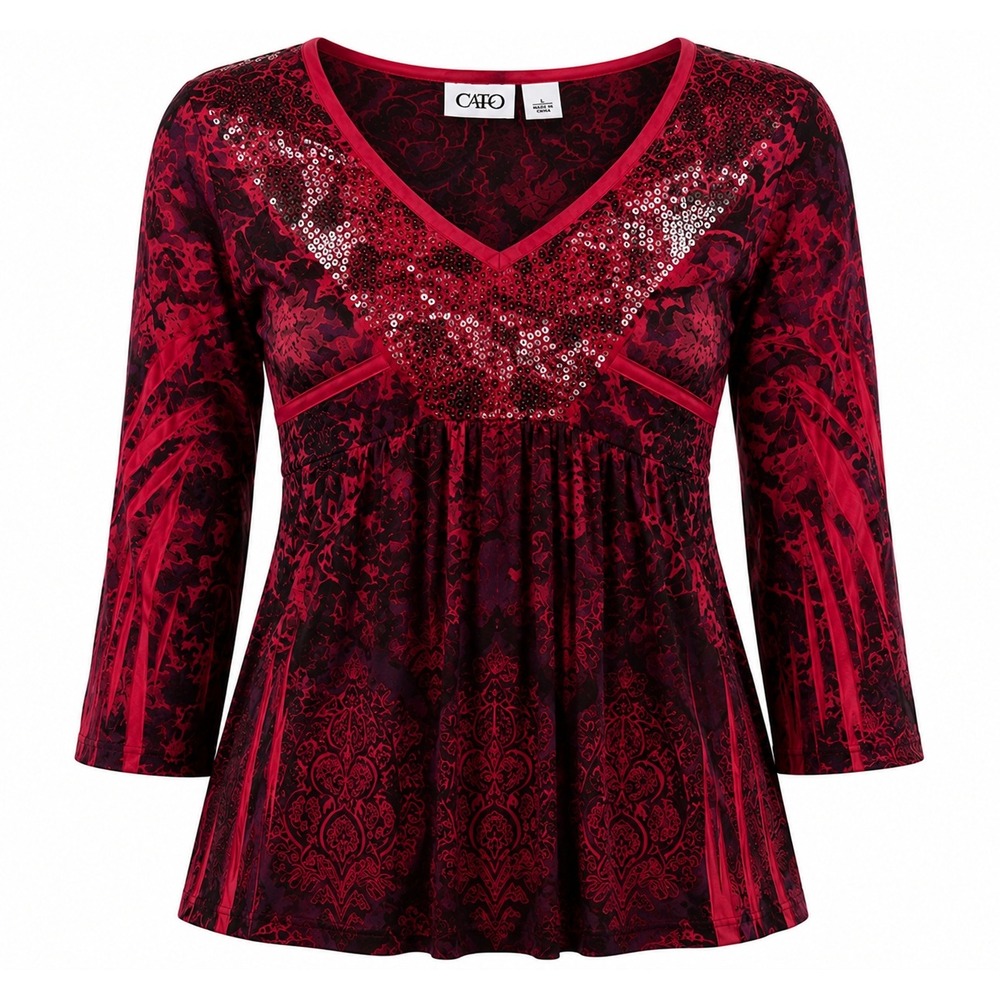 Cato Y2K Red Black Floral Sequin Tunic Top L Boho Romantic Goth Empire Waist